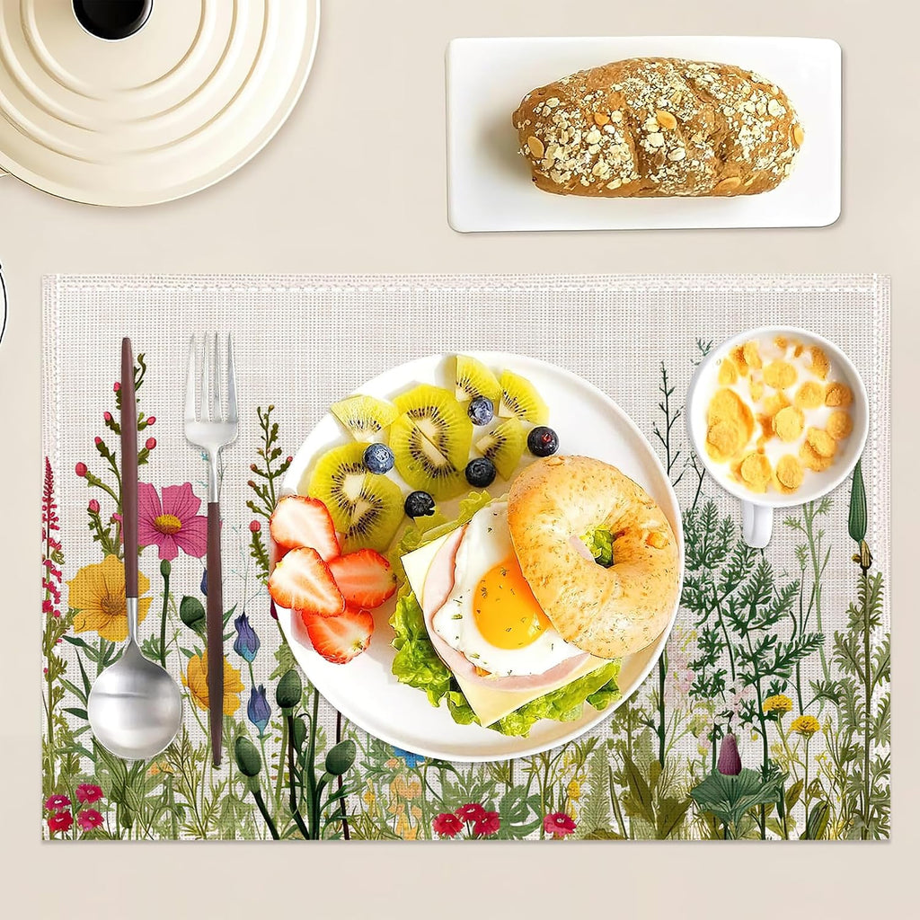 Washable Herbs and Wild Flowers Placemats Non-Slip Heat-Resistant 12x18 Inch Thick Decorative Linen Table - Set of 6