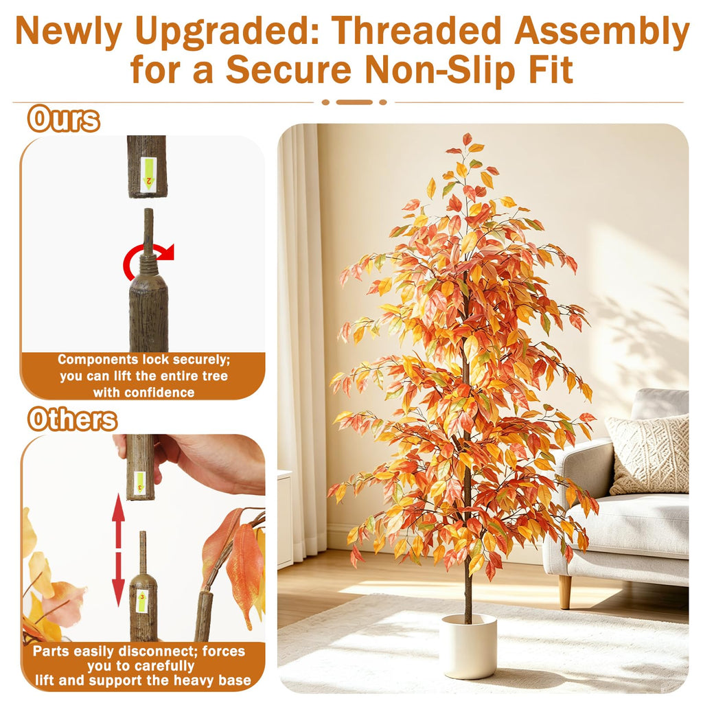 Artificial Ficus Tree 6FT, Faux Fall Tree with White Planter