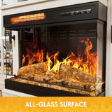 3-Sided Glass Fireplace TV Stand for TVs up to 65 Inches, Entertainment Center with Adjustable LED Flame Colors and Cabinet Storage, Distressed White