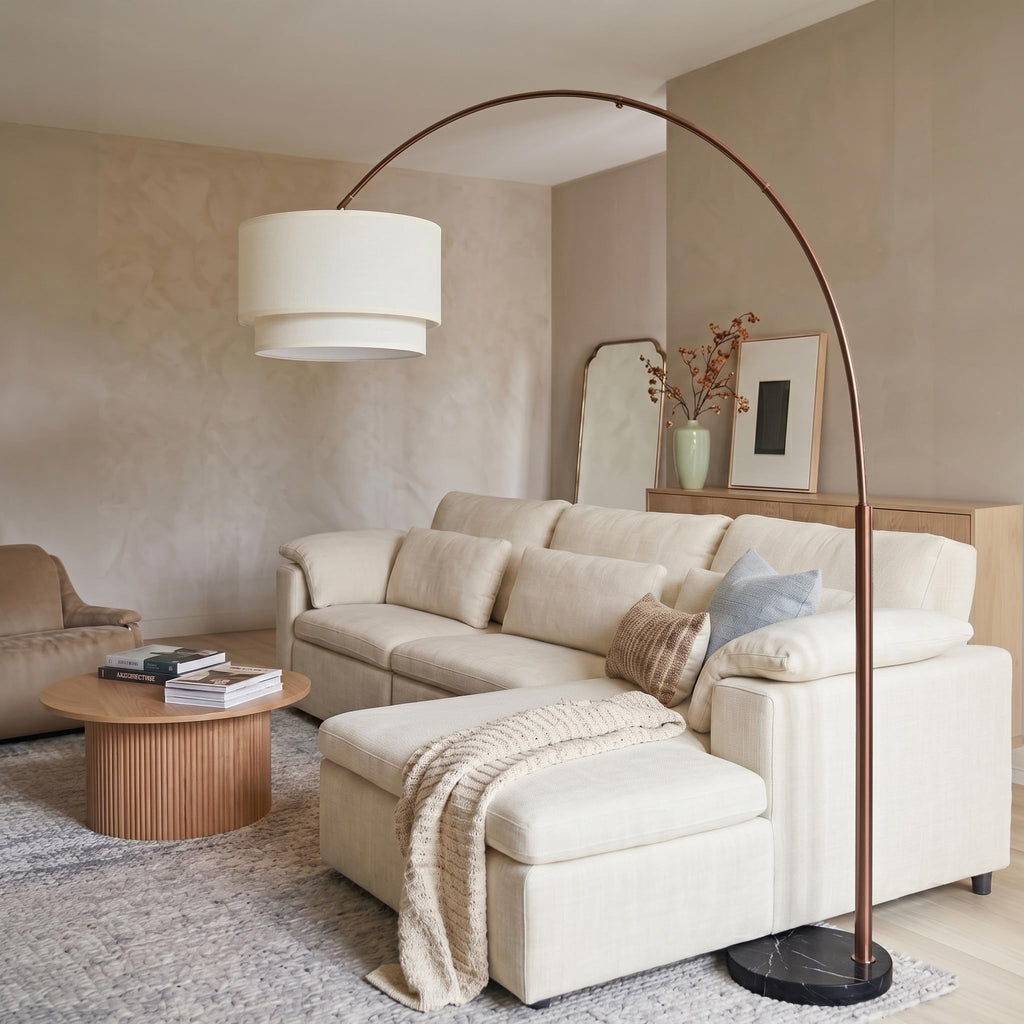 Inspired Arco Style Mason Arc Floor Lamp - Modern Corner Standing Lamp with Unique Hanging Drum Lamp Shade - Bright Overhead, Curved