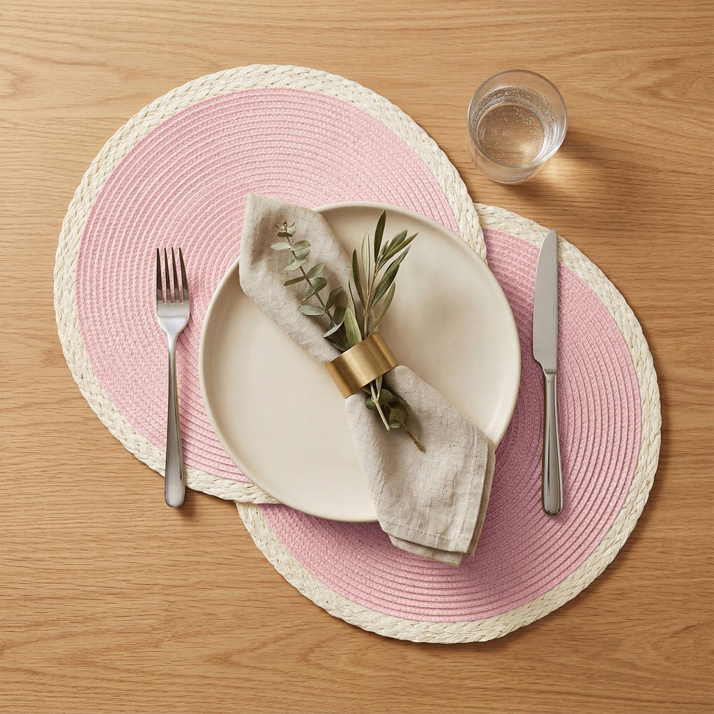 Round Placemats Set of 8, Woven Table Mats, Mint Pink