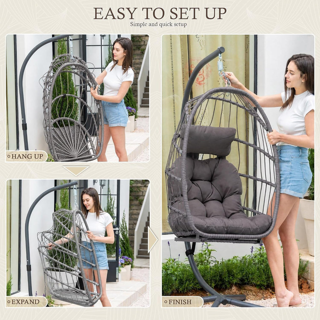 Hanging Egg Chair with Stand & Footrest | Hammock Egg Chairs with Footrest and UV Resistant Cushion for Indoor