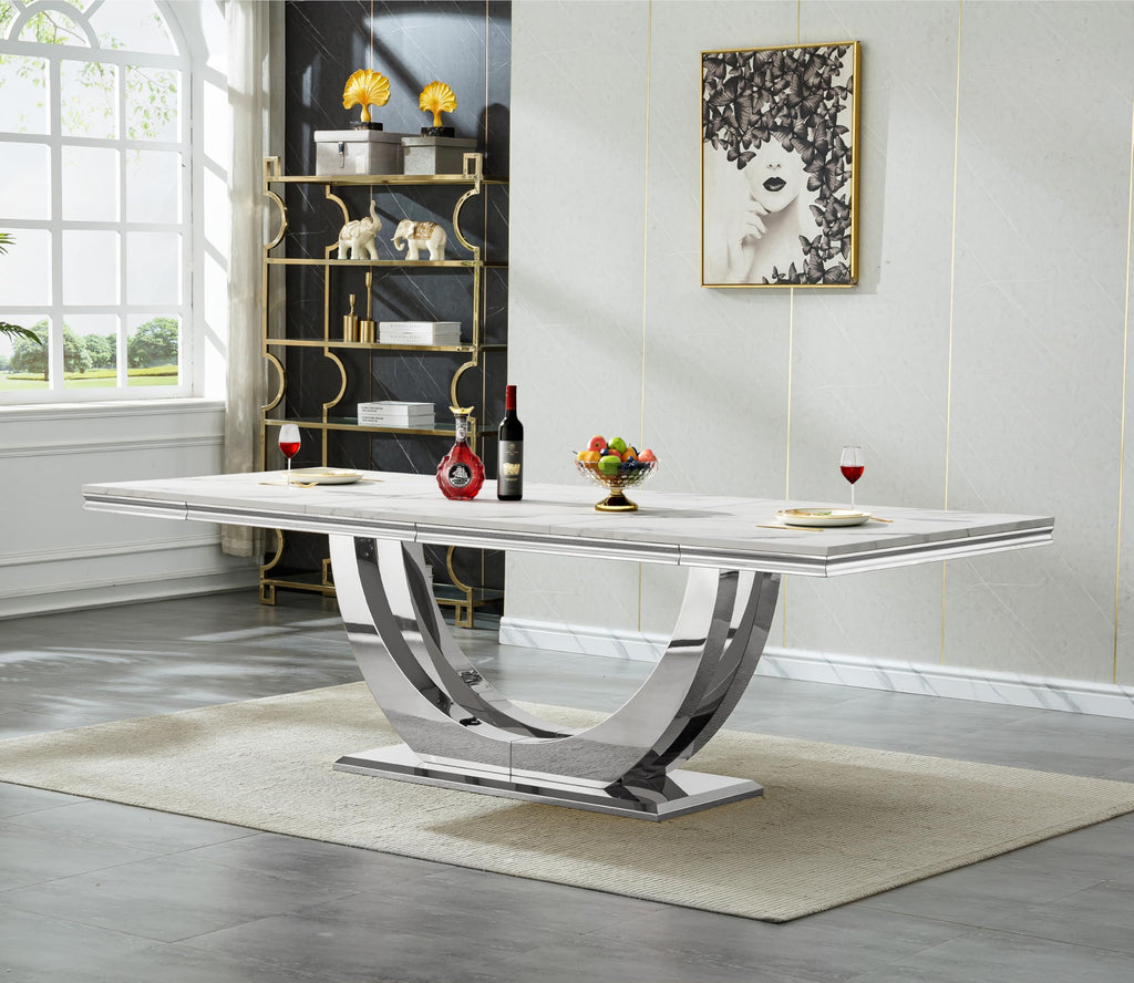 Large 94.5" Marble Dining Table, Luxurious White Dining Room Table with Printed Faux Marble Tabletop and Silver