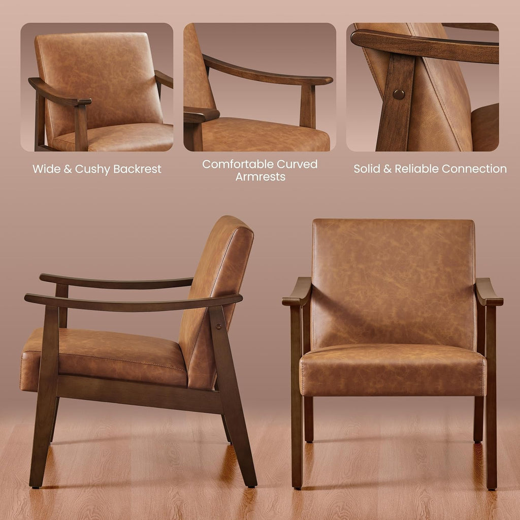 Accent Chairs, Mid-Century Faux Leather Armchairs Brown - Set of 2