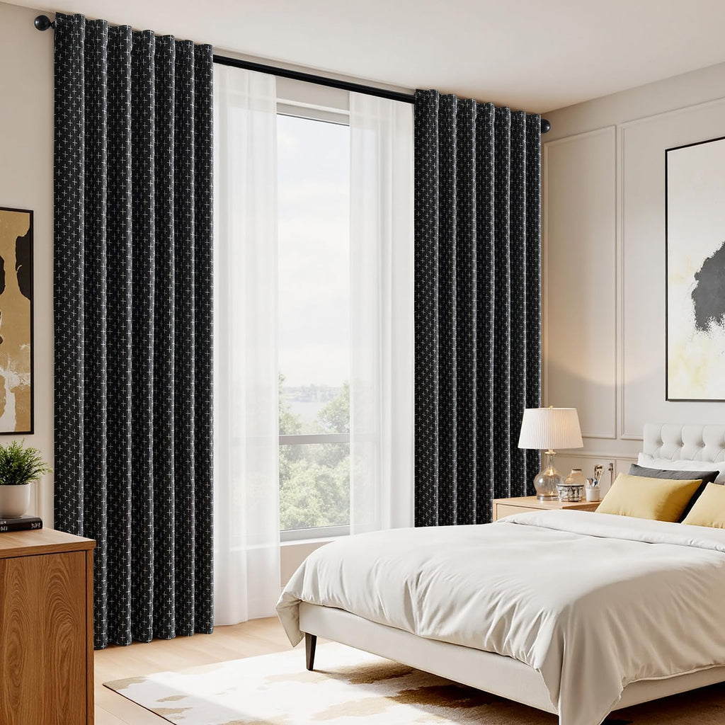 100% Blackout Decorative Linen Curtains with Geometric Pattern, Thick Woven Farmhouse Rustic Patterned Drapes with Back Tab for Bedroom and Living Room, Black, 52 x 84 Inches, 2 Panels