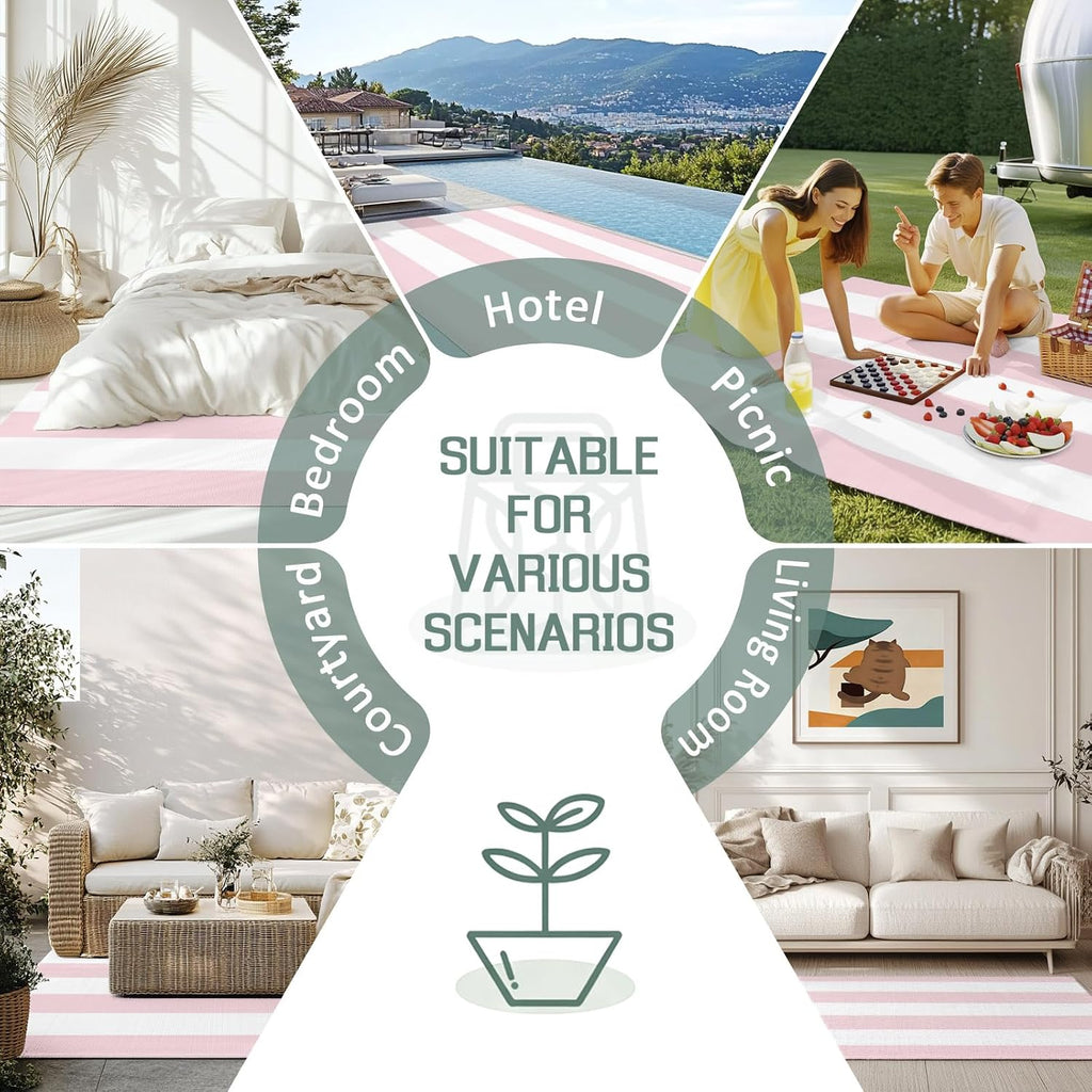 Modern Pink White Stripe Outdoor Rug,Minimalist Line Art Waterproof Non-Slip Area Rug Washable Indoor Outdoor
