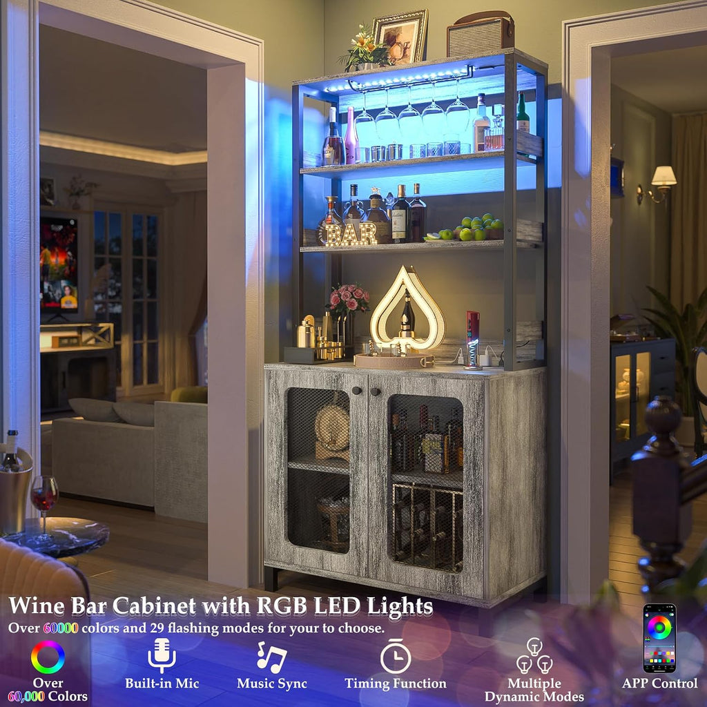 Bar Cabinet with Power Outlets,67" Tall Wine Bar Cabinet,White Oak | Liquor Cabinets with LED Lights and Glass