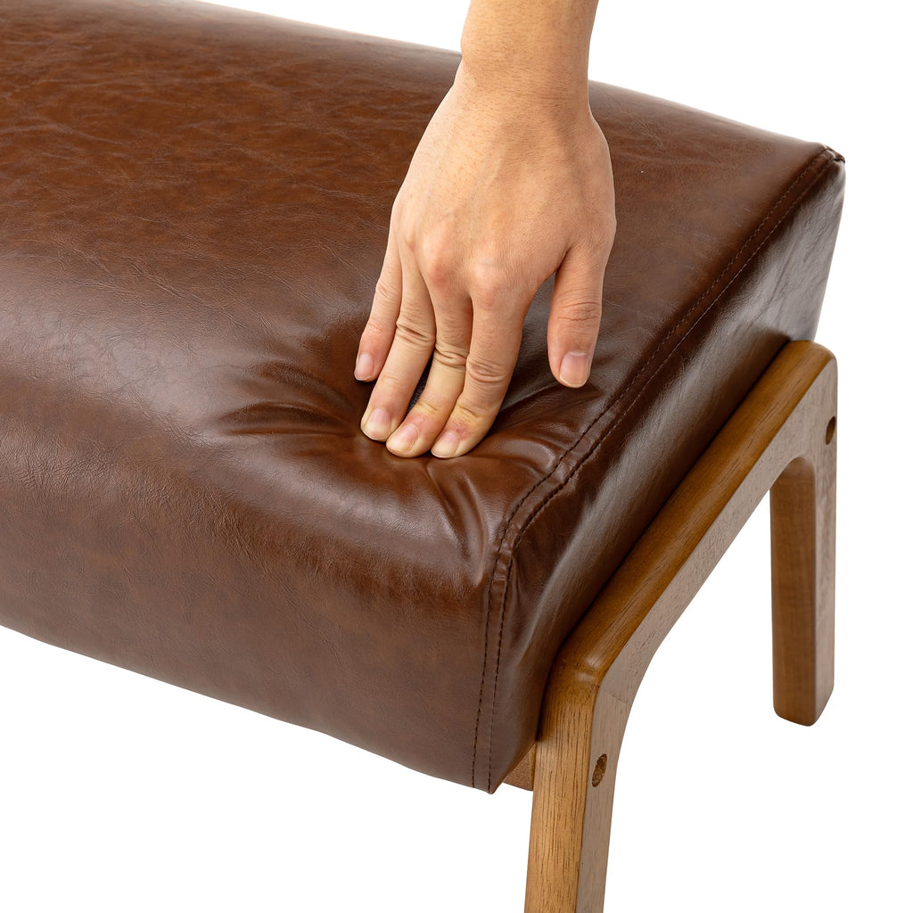 Rectangle Ottoman Bench Set of 2, Modern Coffee Leatherette Footstool with Walnut Rubberwood Legs