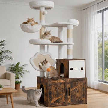 Cat Tree with Litter Box Enclosure, Modern 64" Hidden Tower