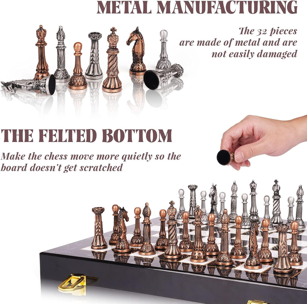 Retro Metal Chess Set for Adults and Kids - Marbling Chess Board with Chess Pieces - Travel Chess Set with Metal - Set of 32