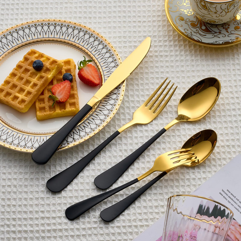 20 Piece Gold and Black 18/0 Flatware Utensil Set for 4, Include Dinner Knife,Dinner Forks,Dinner Spoons,Salad