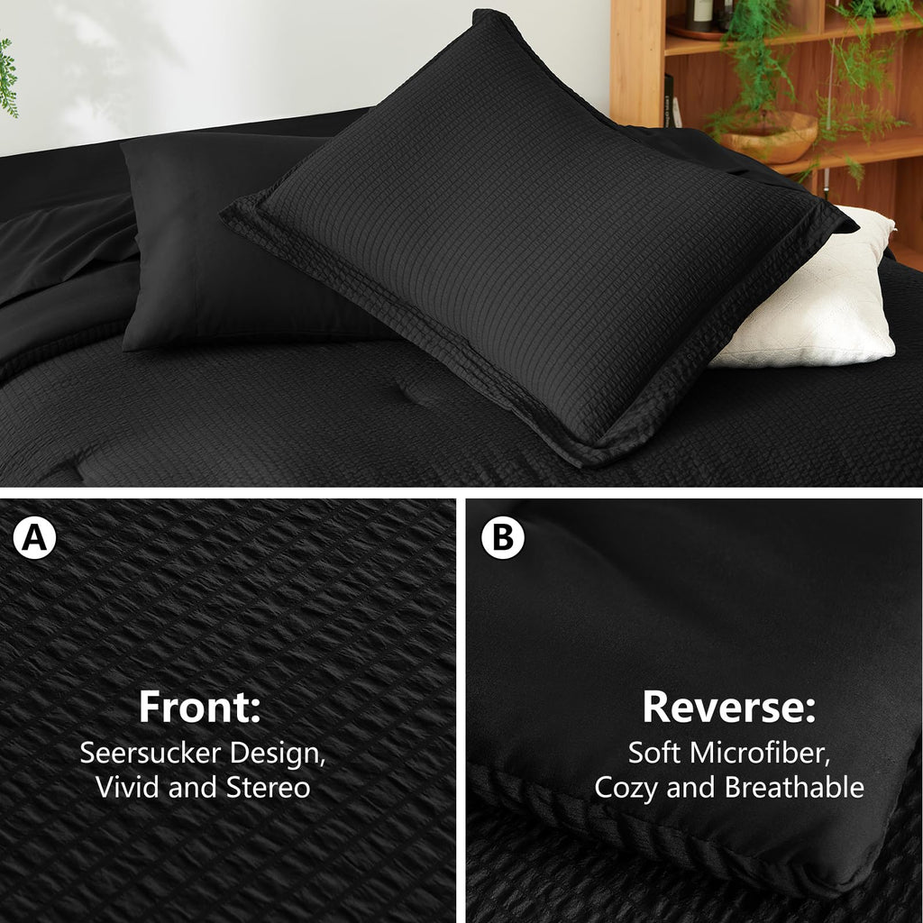 King Size Comforter Set Black - 7 Pieces Striped Seersucker Bed in a Bag, Soft Lightweight Boho Bedding Set with All