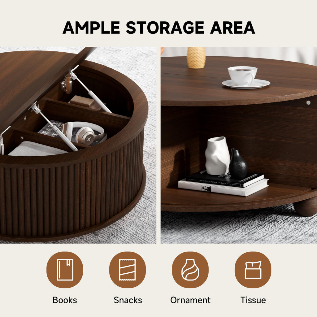 Fluted Round Coffee Tables, 31.5" Mid Century Modern Circle Drum Table with Storage, Accent Coffee Table with Sliding