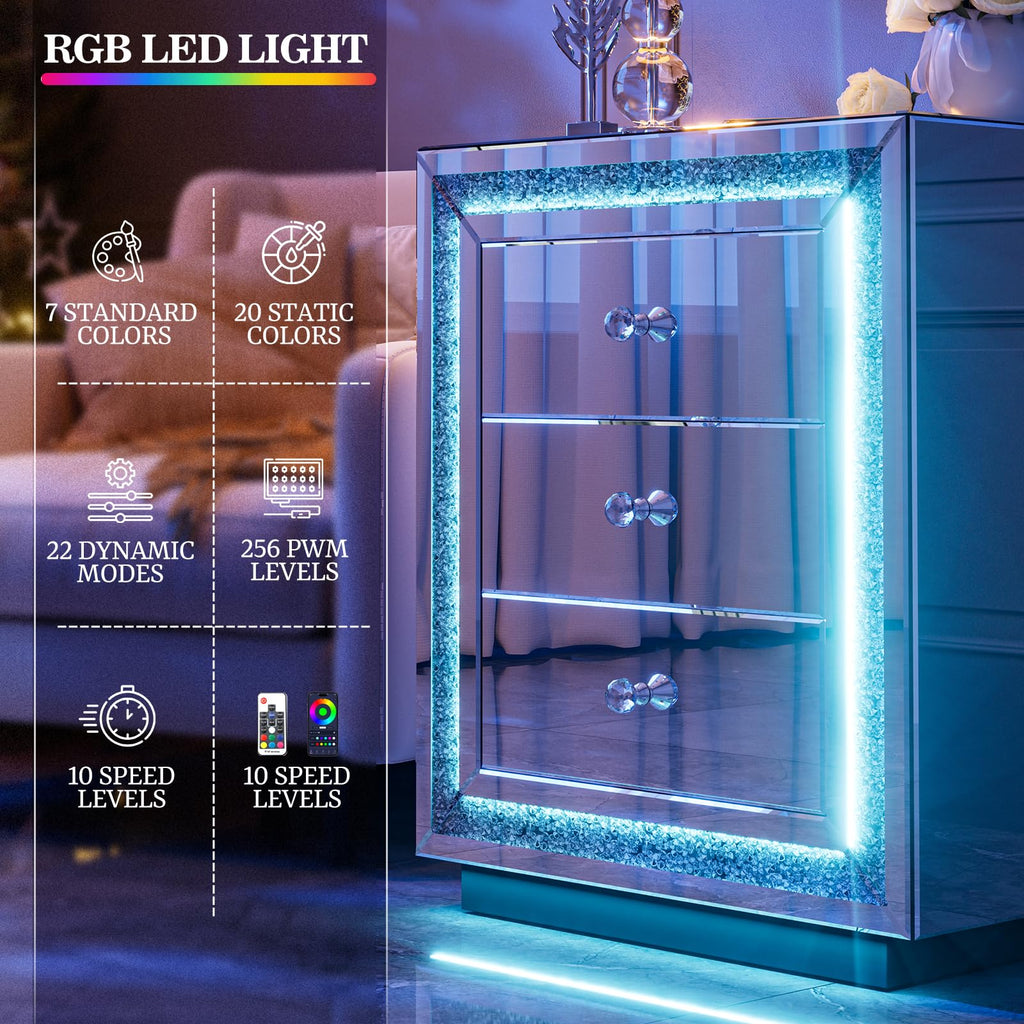 Mirrored Nightstand with LED Light & Wireless Charging, 3 Drawers