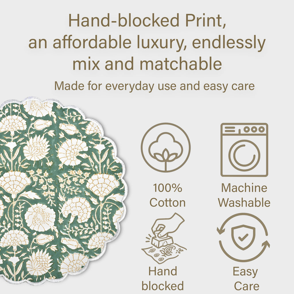 Floral Block Print Round Placemats 15 Inch, Set of 4, Moss Green