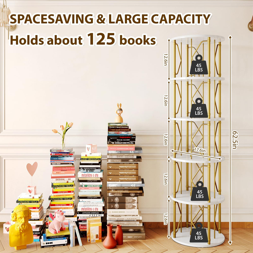 5 Tier Rotating Bookshelf Tower, Revolving Bookcase, Gold & White