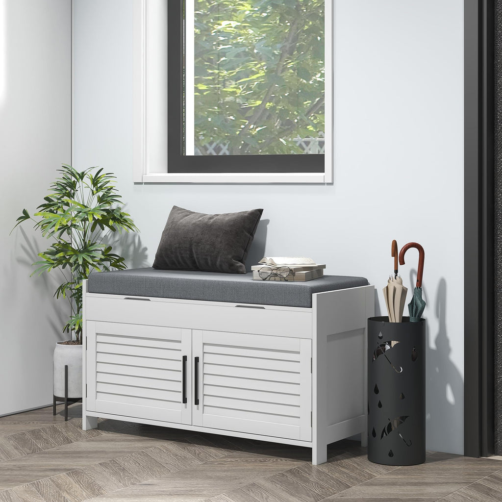 Shoe Bench Cushion Adjustable Shelves Shutter Doors 35.4" White