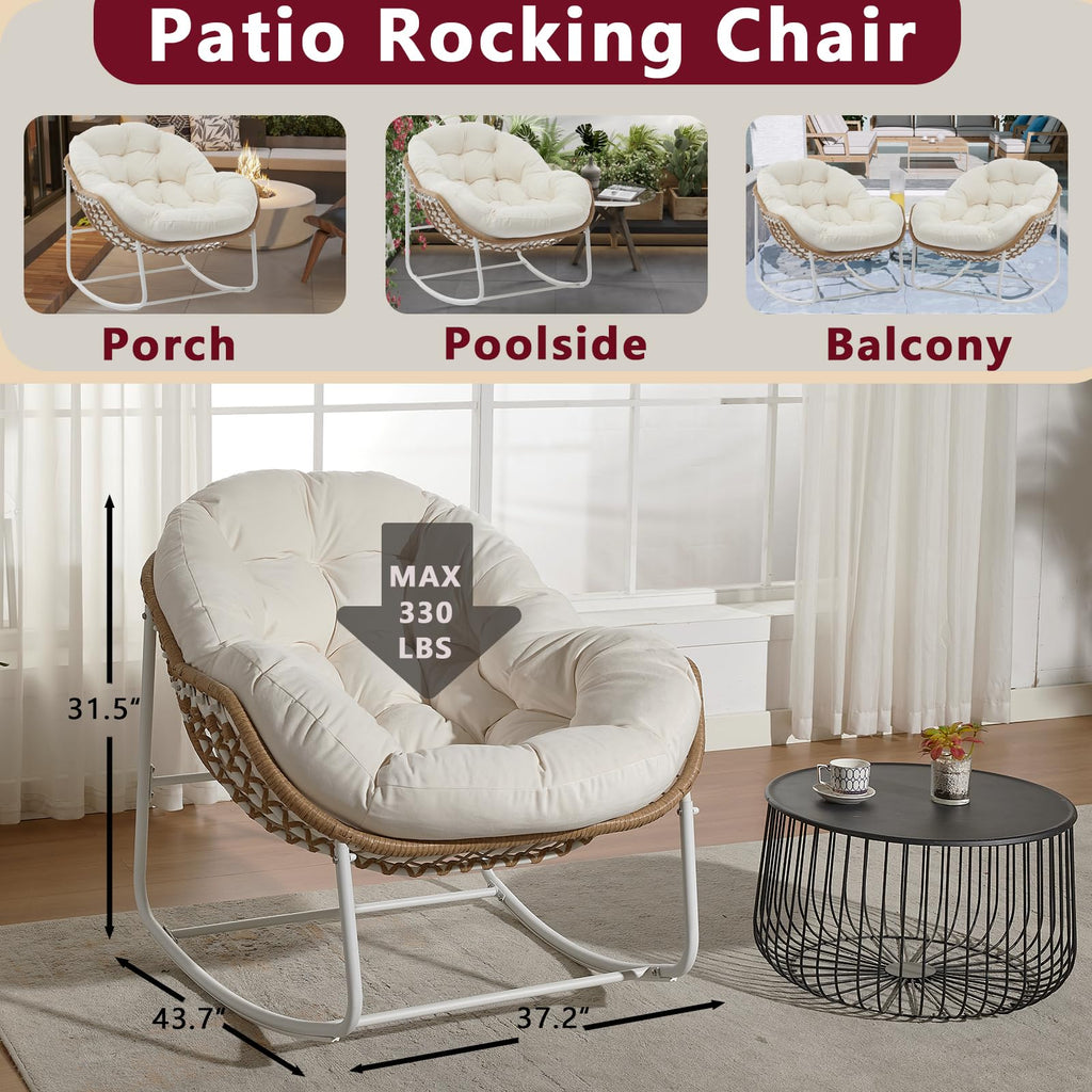 Oversized Outdoor Papasan Rocking Chair Set of 2 with Soft Cushion, Comfy Patio Egg Chair, Wicker Lounge Rocker for
