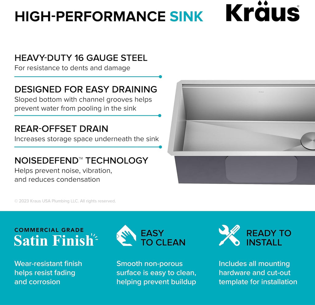 Stainless Steel 32 in Undermount Kitchen Sink KWU110-32 | 16-gauge TRU16 steel, integrated ledge for accessories