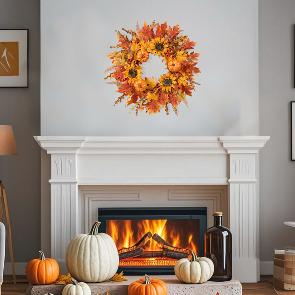 Fall Wreaths for Front Door 24 Inch Fall Wreath with Pumpkins Sunflowers Maple Leaves and Orange Red Berries Autumn