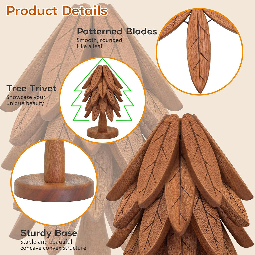 Wooden Trivets for Hot Dishes, Wooden Tree Trivet Set, Tree Coasters - of 5 + 1 Stand stored, Suited for Hots, Pans - Set of 5