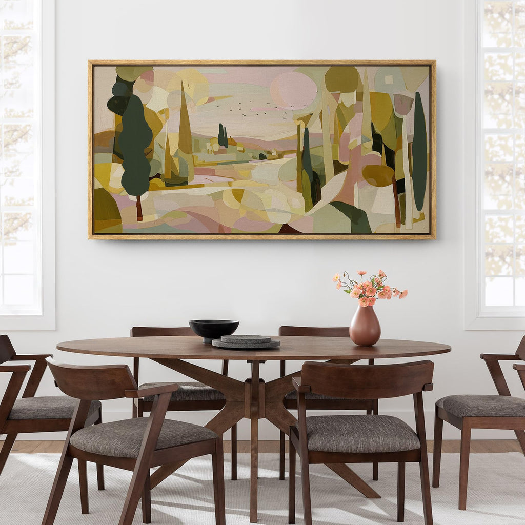 Extra Large Framed Canvas Print Wall Art Abstract Tuscan Landscape Soft Pastel Tone Geometric Scenery Illustrations