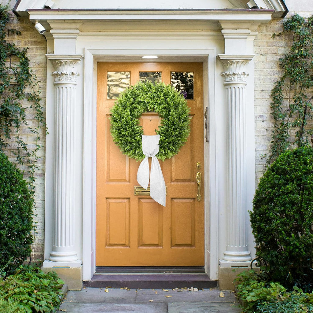20" Boxwood Wreath for Front Door with Sash & Plaid Bow, Full Lush Artificial Greenery Wreath for Spring Summer