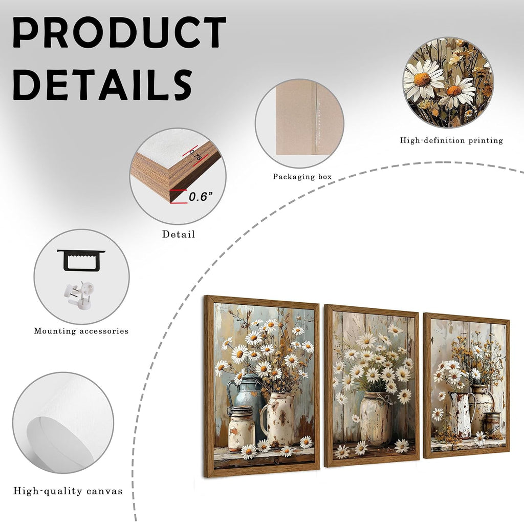 3 Piece Vintage Floral Pictures Canvas Wall Art Nature Themed Daisy Artwork Prints Elegant Farmhouse Wall Decor