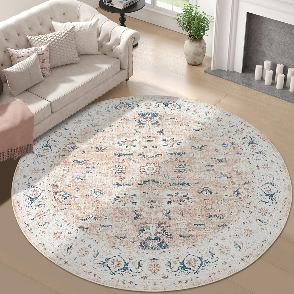 Round Rug 8ft Area Rug - Washable Boho Vintage Floral Circle 8' Round Floor Cover Lightweight Low Pi