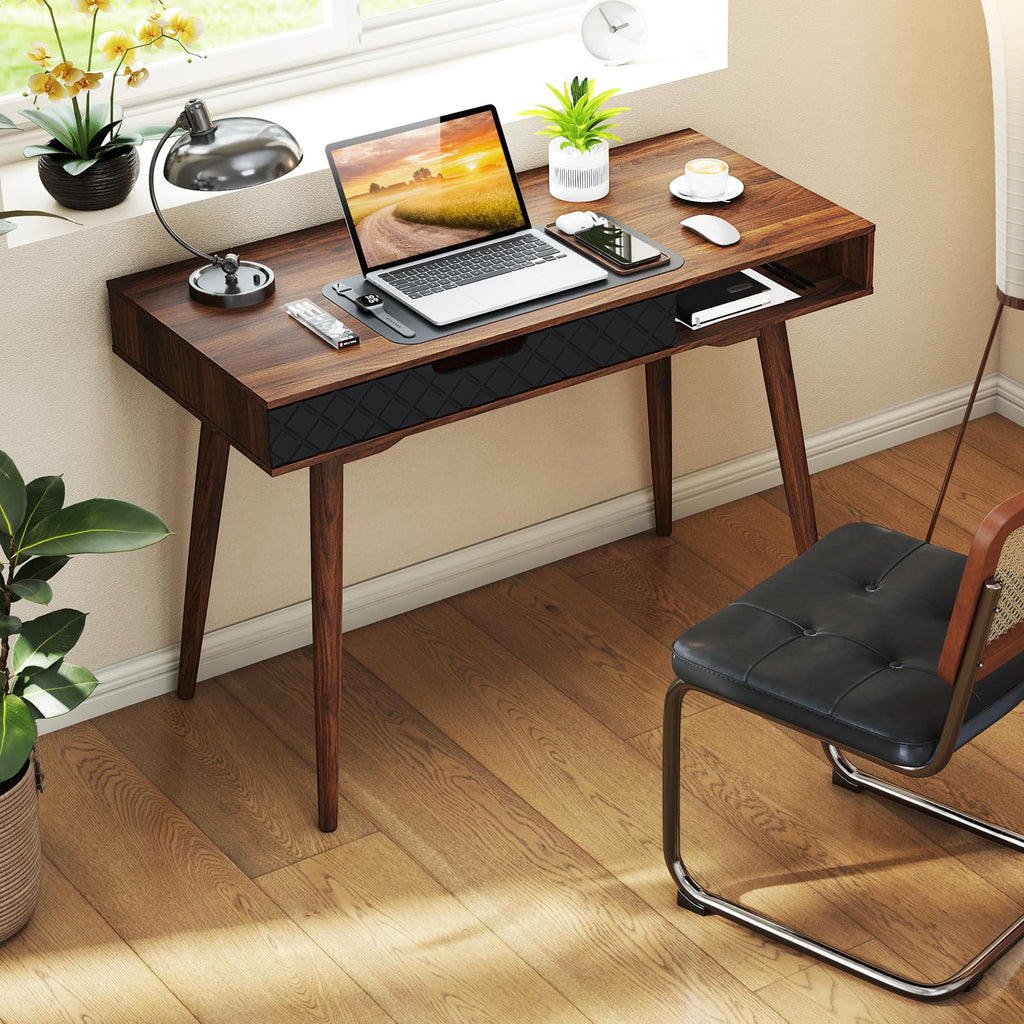 Mid Century Modern Desk, Home Office Standing Desk w/Drawer & Open Compartment, Small Computer Desk Work Study Table