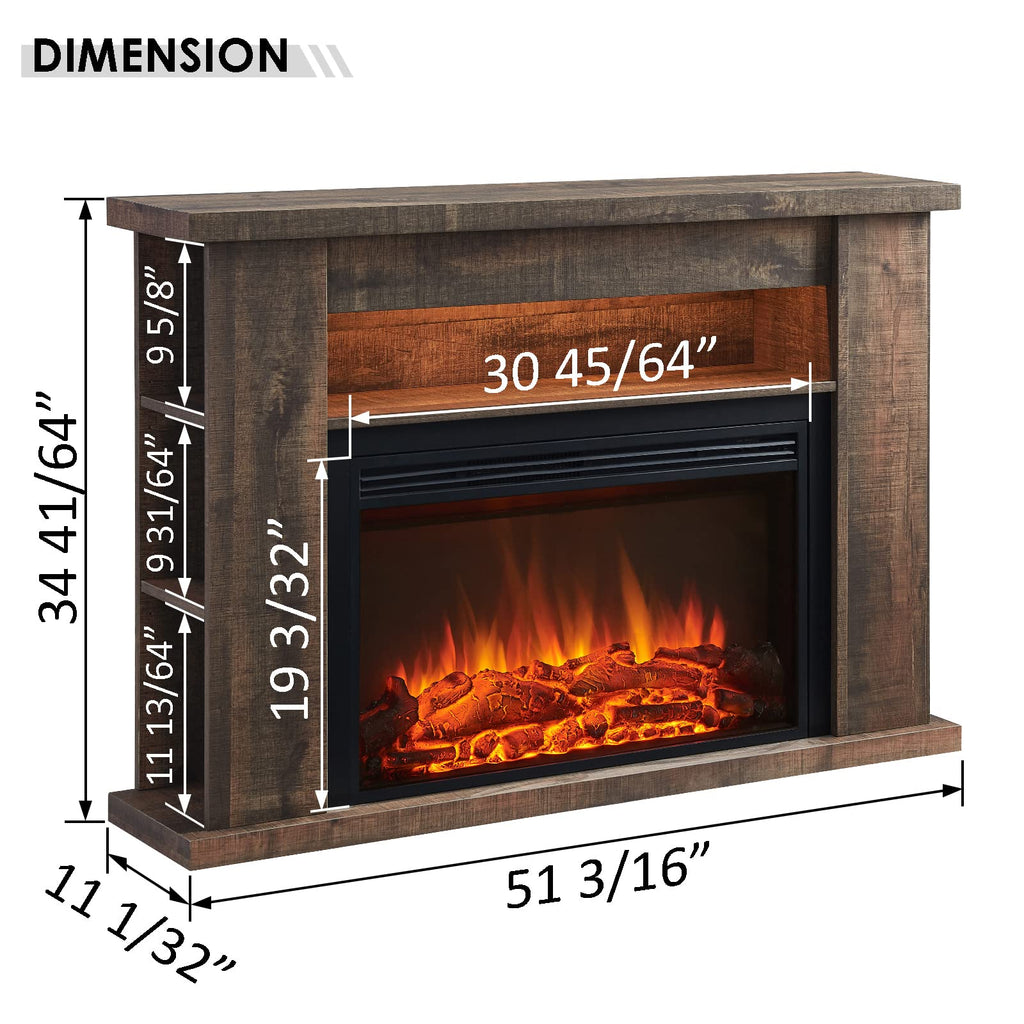 LegendFlame Barron Electric Fireplace with 51" Storage Shelf Mantel Surround and Jaden 31" Insert, Rustic Dark Oak