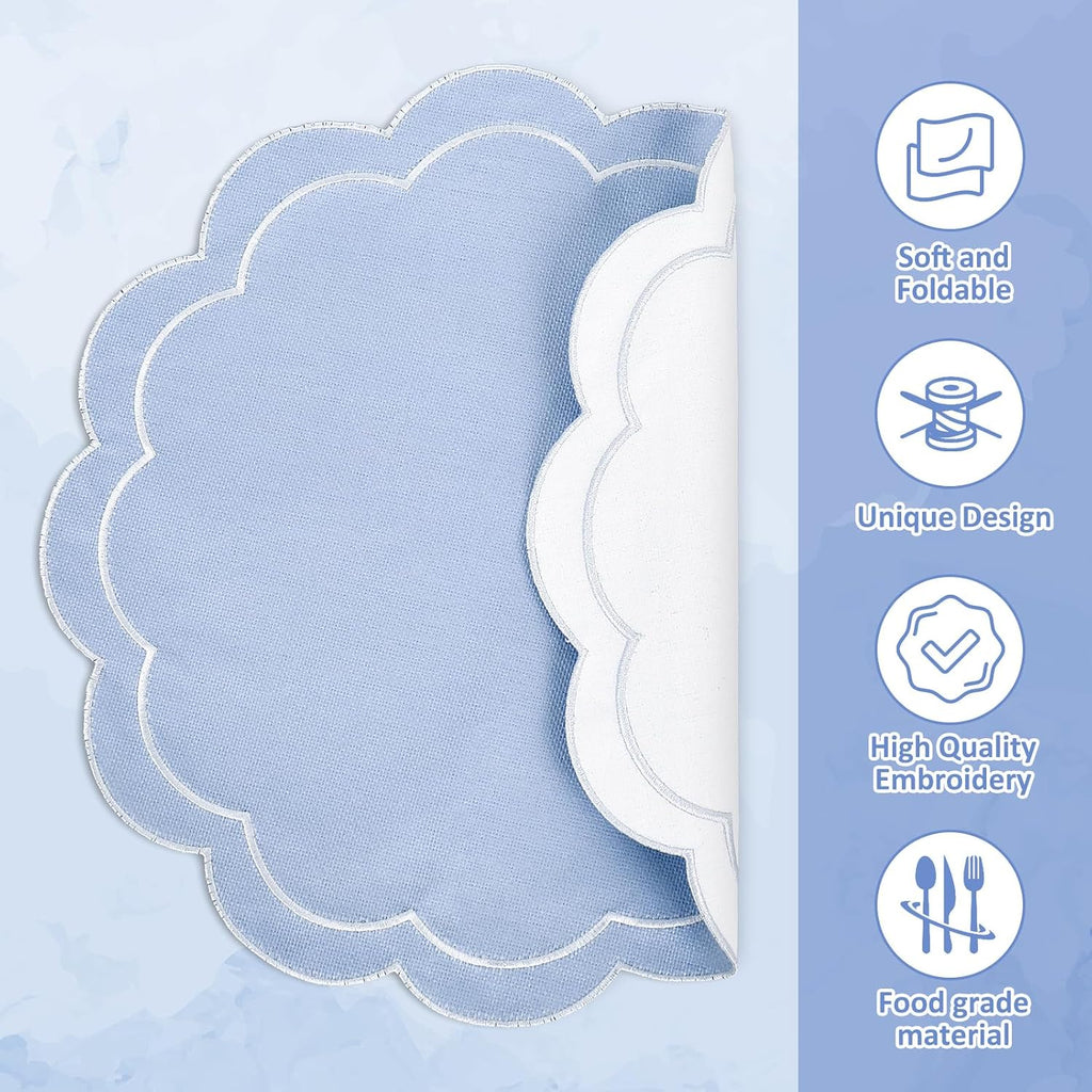 Dusty Blue Linen Placemats Embroidered Round Scalloped Kitchen Table Mats for Spring Easter Party Home Dining Table - Set of 6