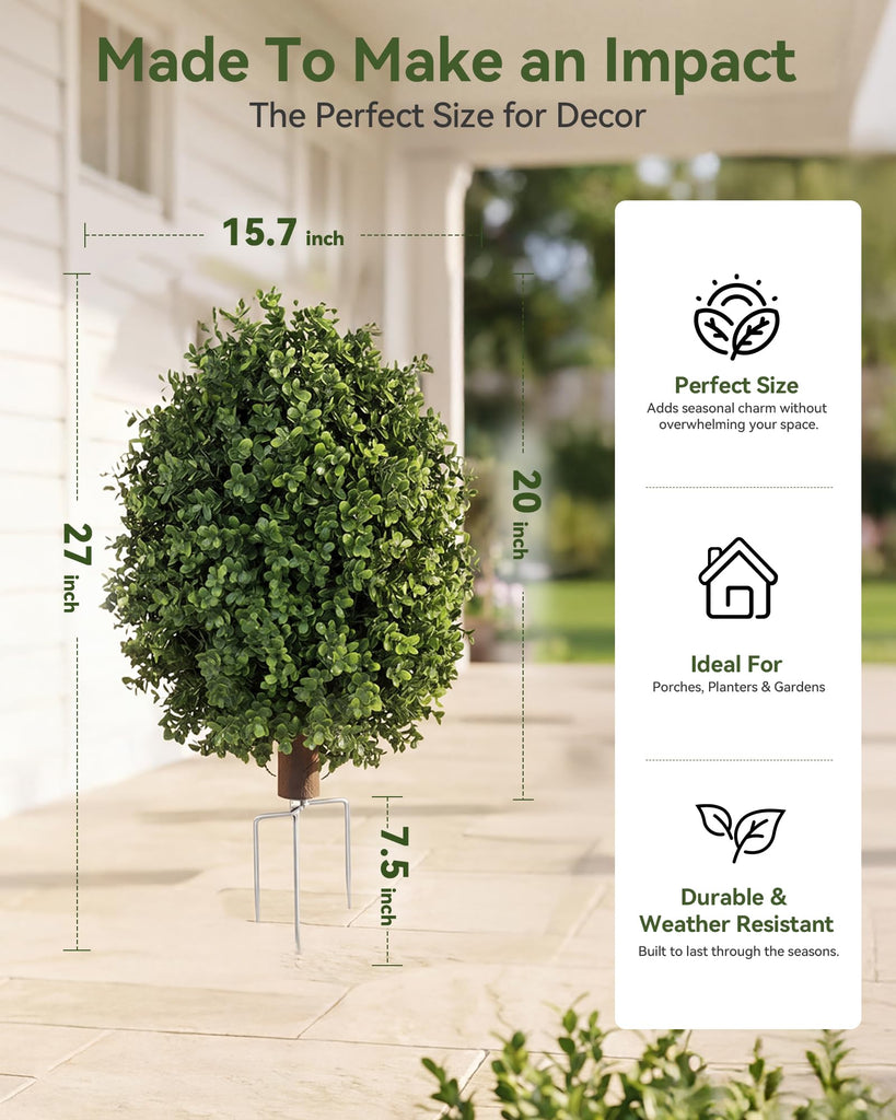 27" Artificial Boxwood Topiary Ball with Ground Spike, Fake Plants 2 Pcs