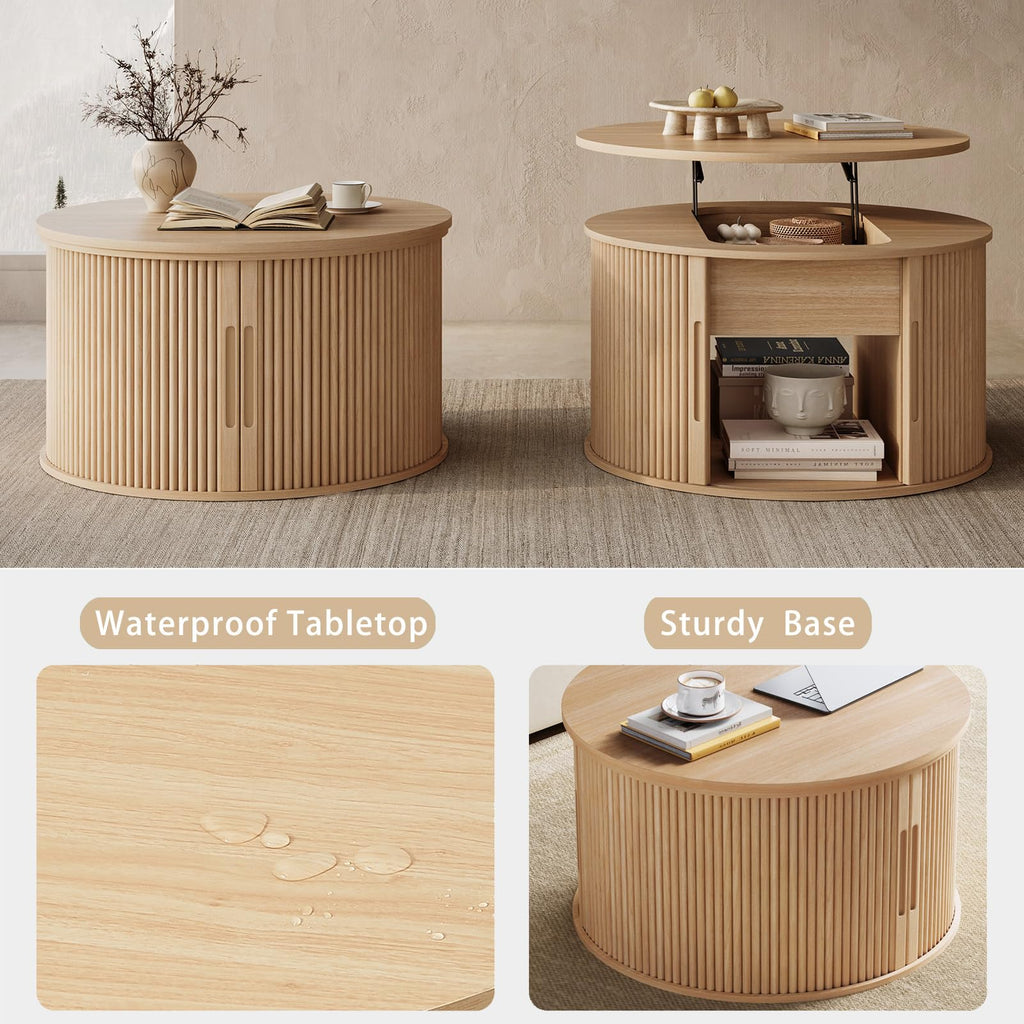 Lift Top Coffee Table, Round Fluted Coffee Table with Storage, Boho Wooden Coffee Tables with Sliding Tambour Door
