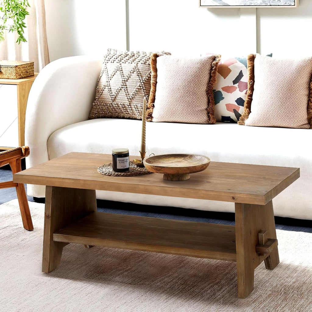 Farmhouse Wood Coffee Table - 43.4” Mid Century Modern Wooden Coffee Tables