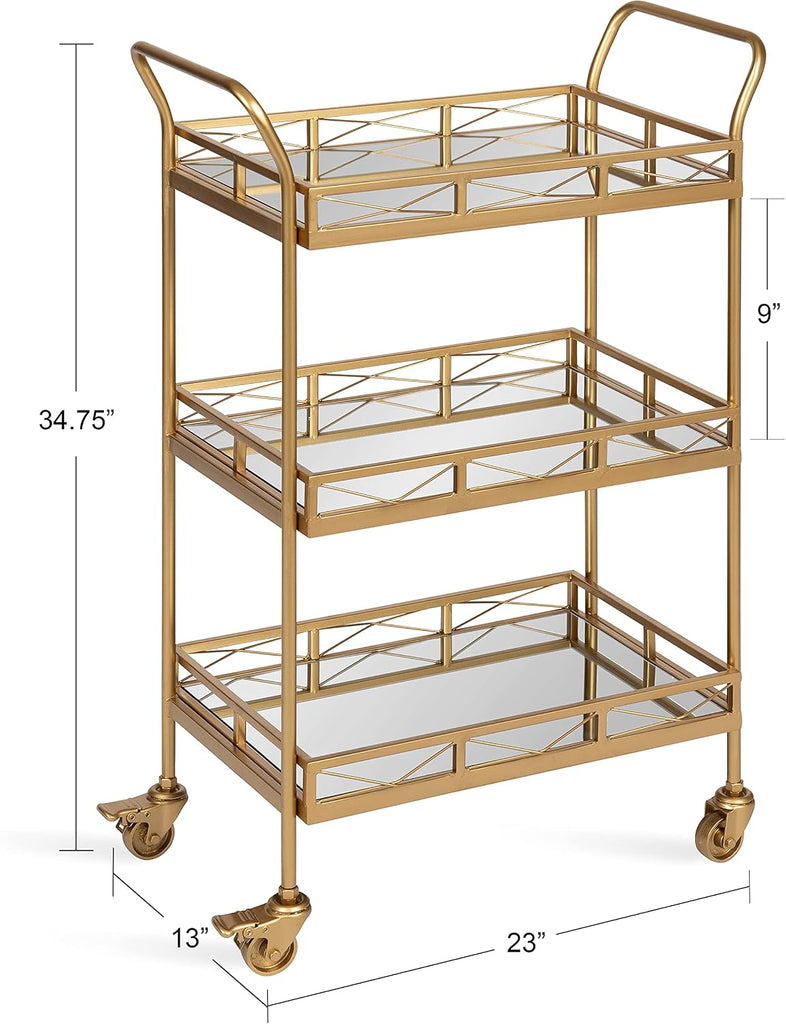 Ketia Glam Metal Bar Cart; 23 x 13 x 34; Gold; Glamorous Three Tier Gold Bar Cart for Display and Storage