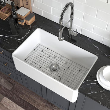 Farmhouse Kitchen Sink, 30-inch Single Bowl Sink with Bottom Grid & Strainer, Large Apron-front Ceramic Porcelain