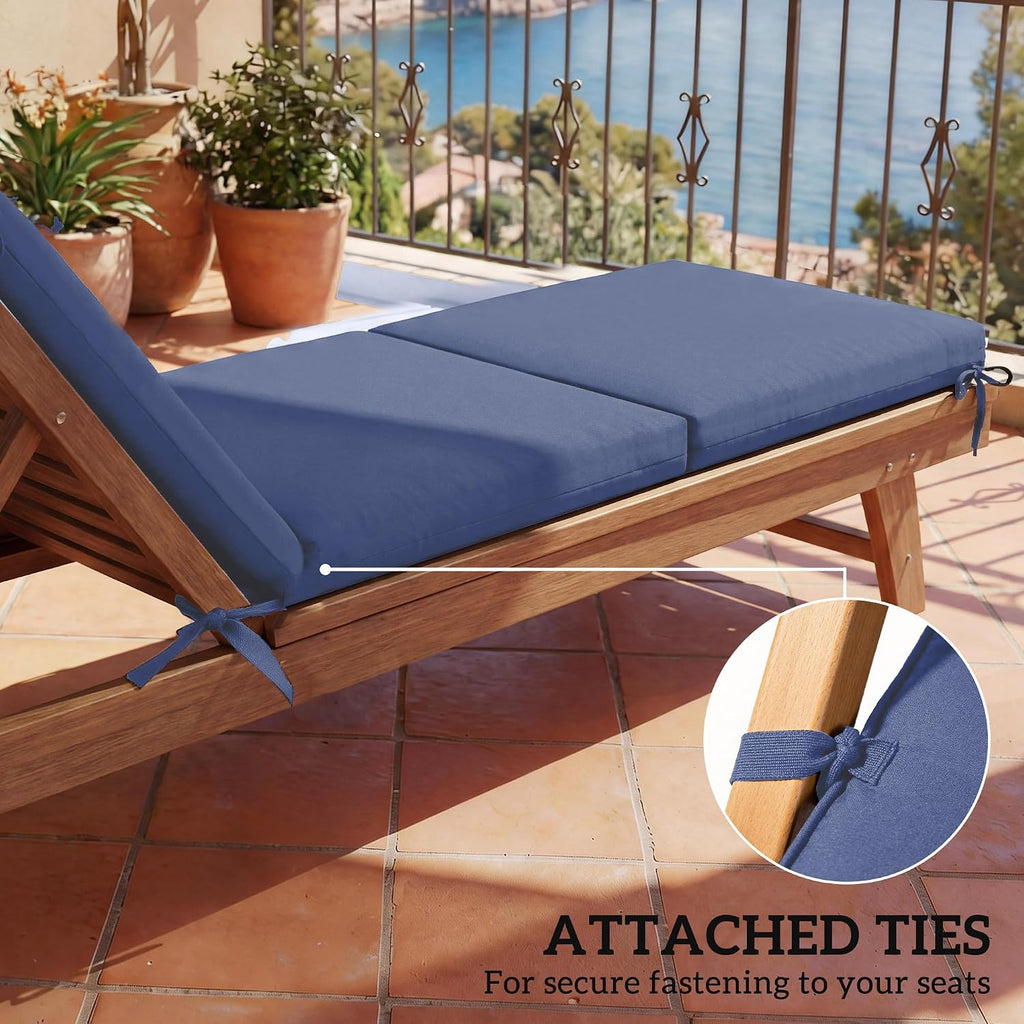 Outdoor Chaise Lounge Cushions Set of 2, Navy Blue | 6 Ties, High-Density Foam, Water-Repellent, UV-Resistant, Patio