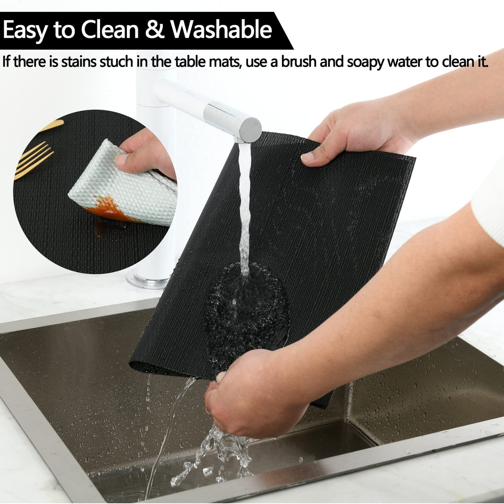 Black Placemats Set of 8 - Easy Clean Washable Vinyl Placemats - Heat Resistant Placemats Table - PVC Table Mats for