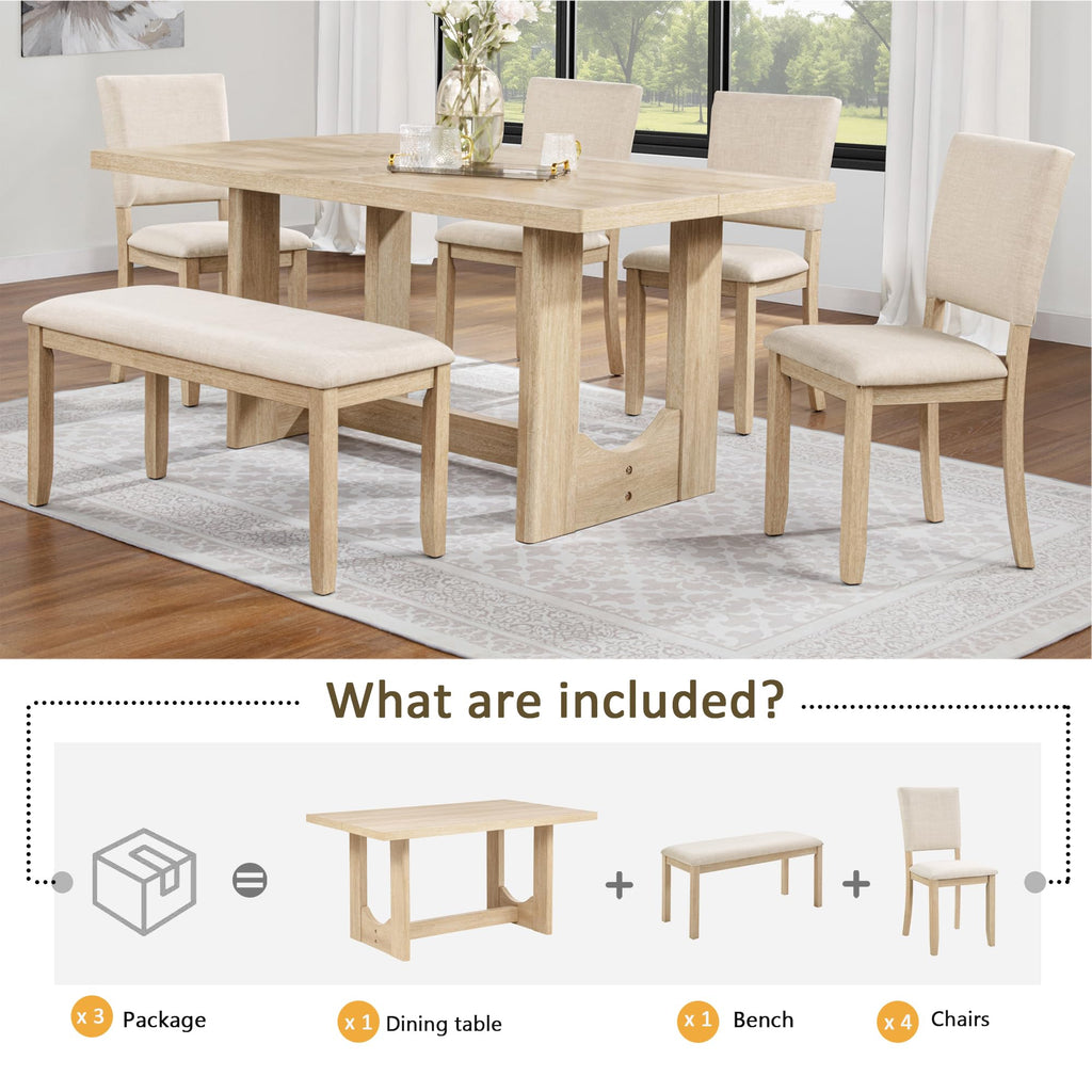 6 Piece Dining Table Set with Bench, Wooden Rectangular Kitchen Table Set with Bench and 4 Upholstered Chairs