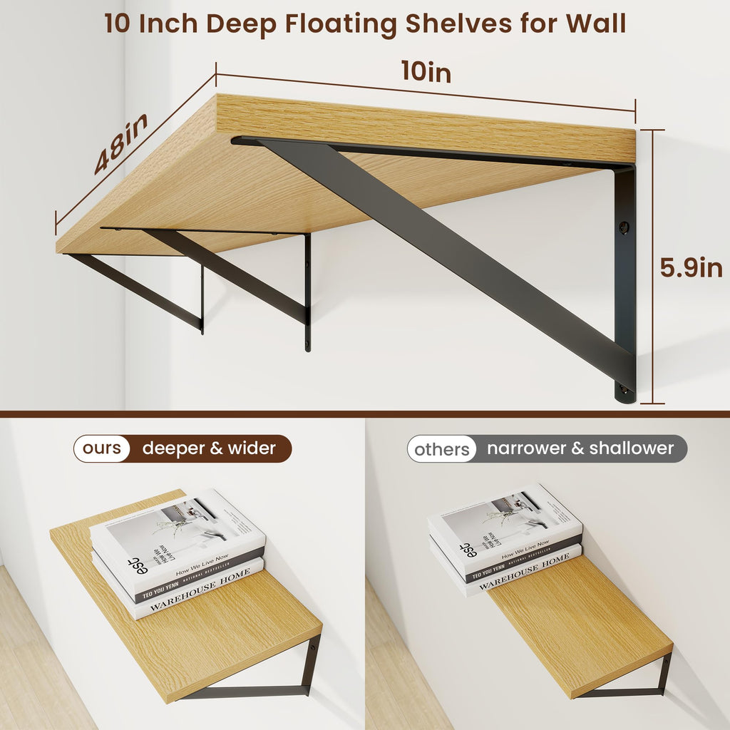 Deep Floating Shelves, 48'' x 10'' Oak Wall Shelves Set of 2