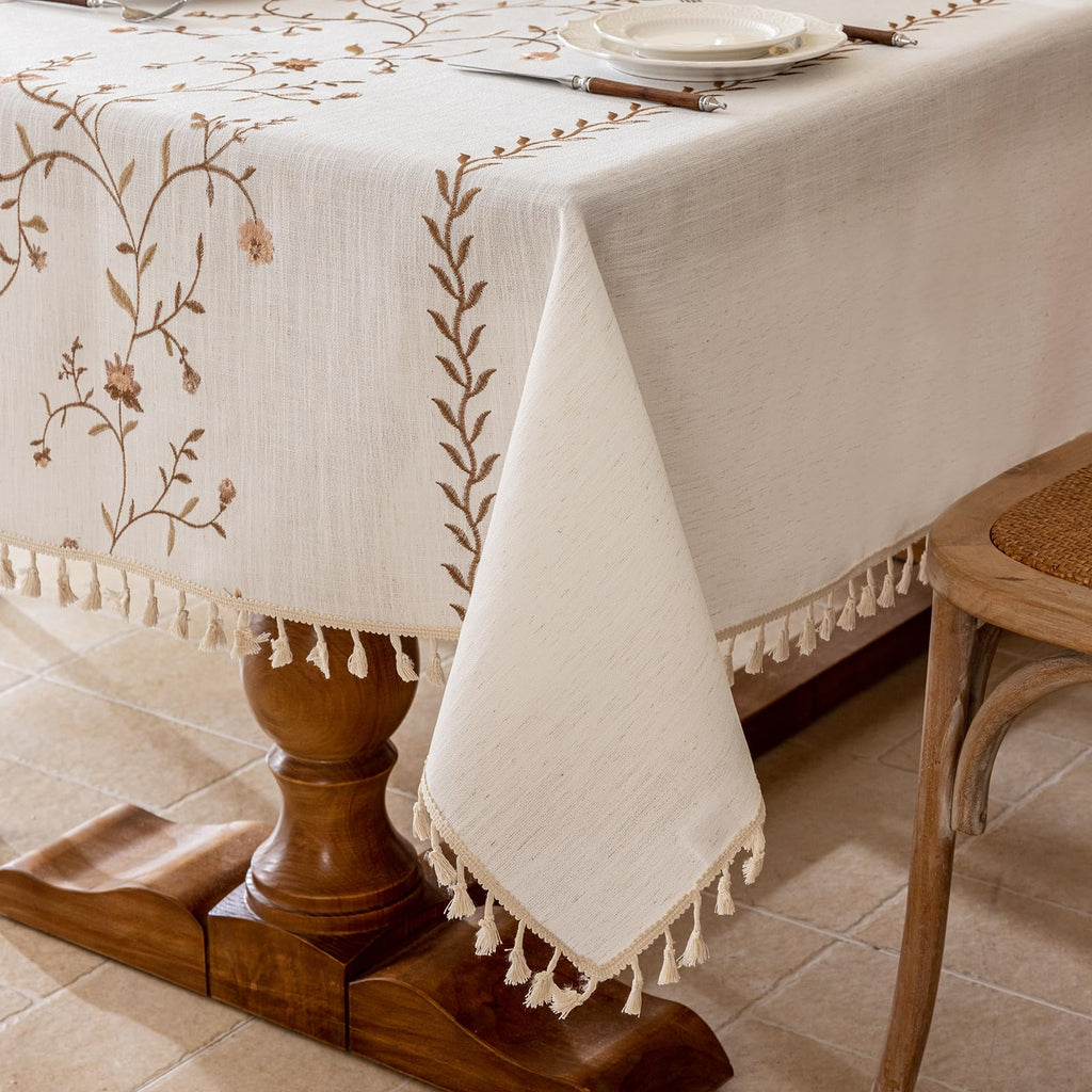 Linen Waterproof Tablecloth with Tassels, Rustic Farmhouse Flowers Embroidery Table Cloths for Rectangle Tables