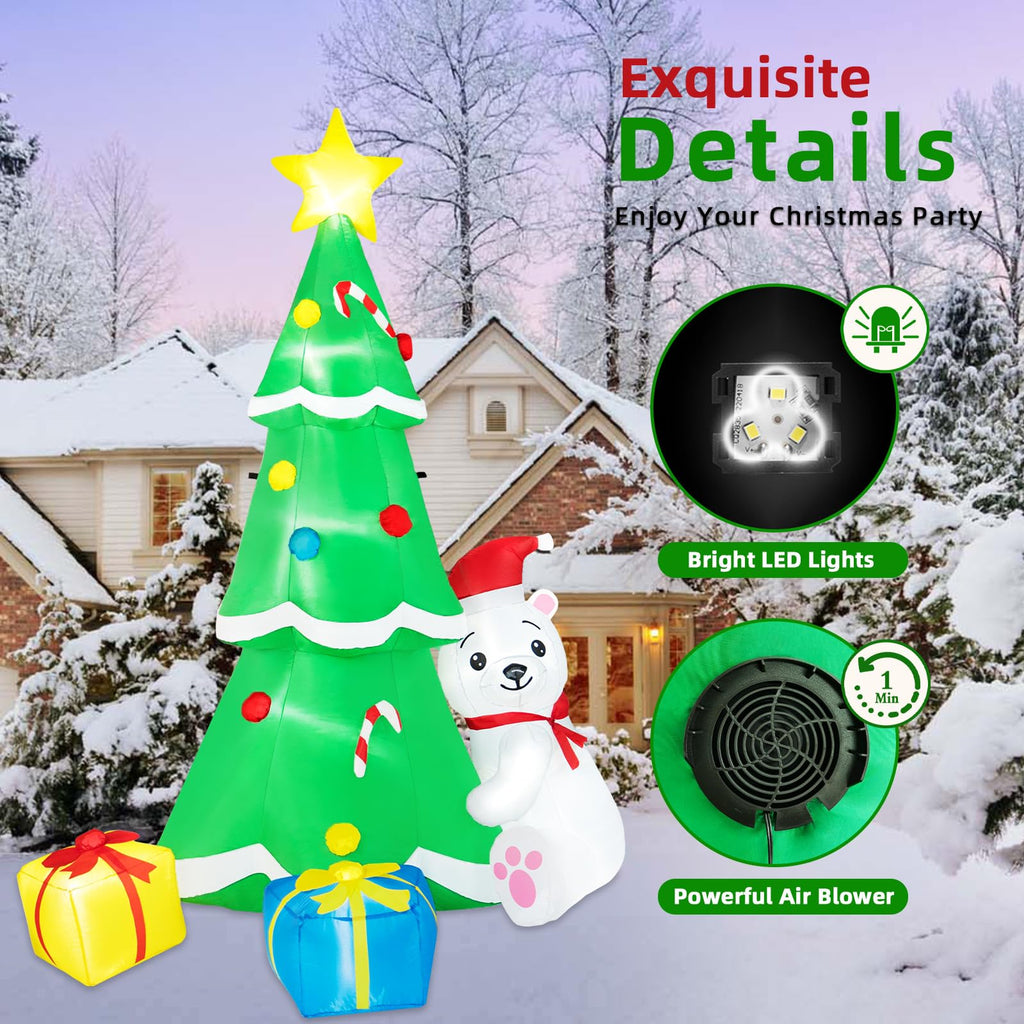 8FT Inflatable Tree Christmas Decorations Outdoor, Xmas Inflatables Polar Bear Holding Christmas Tree Built-in LEDs