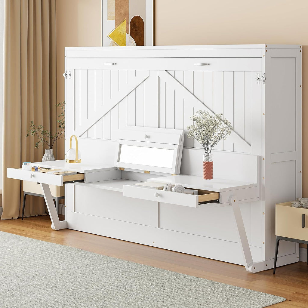Queen Murphy Bed with Vanity Desk, Foldable Murphy Cabinet Bed with Center Mirror and 2 Side Storage Drawers, Wood