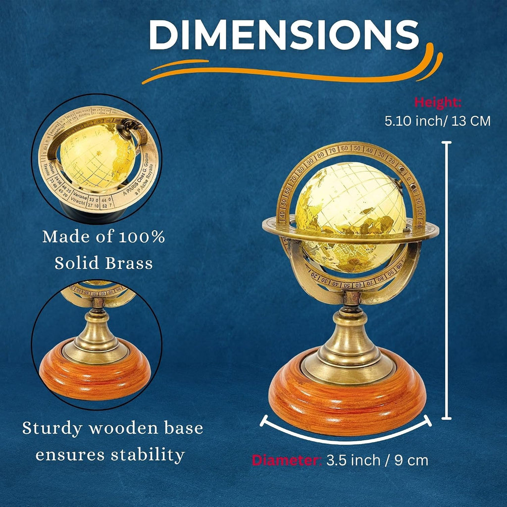 5.10" Nautical Brass Armillary Sphere World Globe with Light Lime Green Map, Natural Brown Wooden Base - Elegant