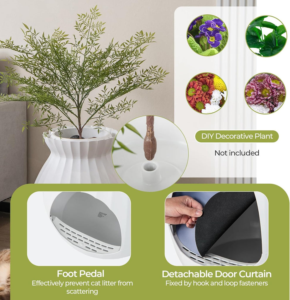 Cat Litter Box Plant - Hidden Litter Box Furniture with Electronic Odor Removal System, Detachable Door Curtain