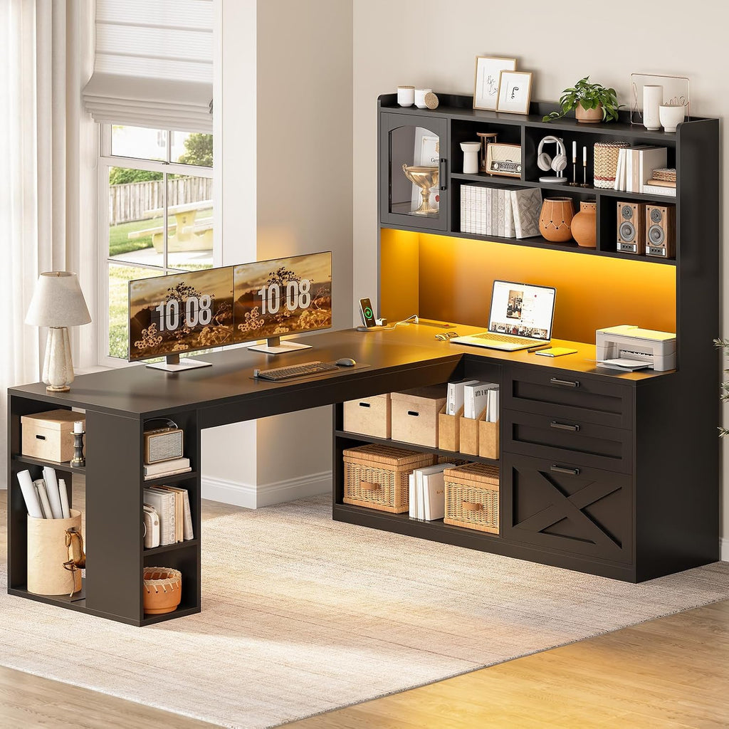 61" Farmhouse L Shaped Gaming Desk with Drawers, Bookshelf Storage | Computer Desk with Storage Shelves and Power