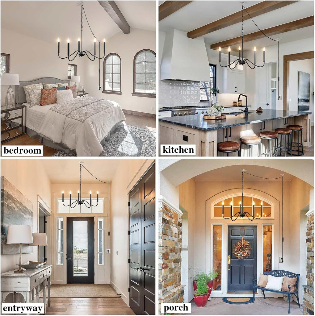 Black Plug in Chandelier Lighting with Long Cord, 5 Light Farmhouse Plug in Hanging Light Fixture for Dining Room