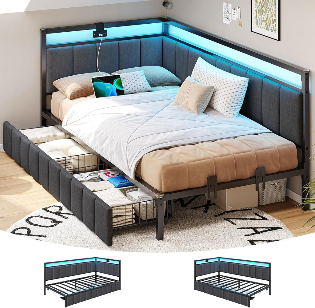 Twin Corner Bed Frame with 2 Storage Drawers and Charging Station Twin Bed Frames with Storage and Led Lights Twin