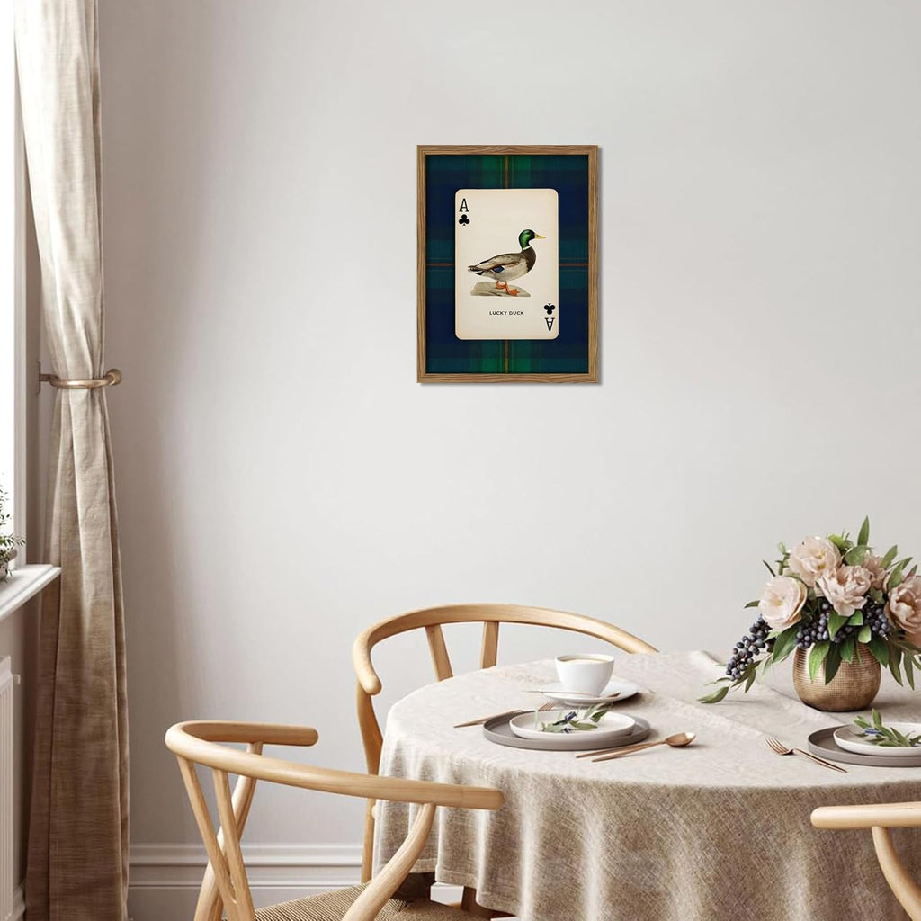 Framed Vintage Mallard Duck Wall Art, Country Lucky Duck Wildlife Poker Wall Decor Painting, Nature Rustic Farmhouse